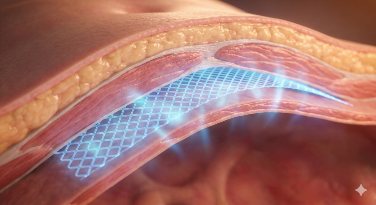 Схема встановлення сітки в шарах м'язів